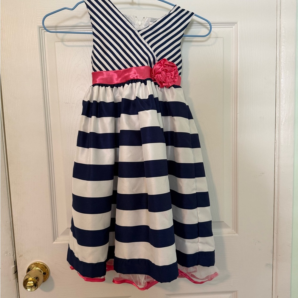 Navy & White Striped Flower-Belt Girls Dress with Pink Accent